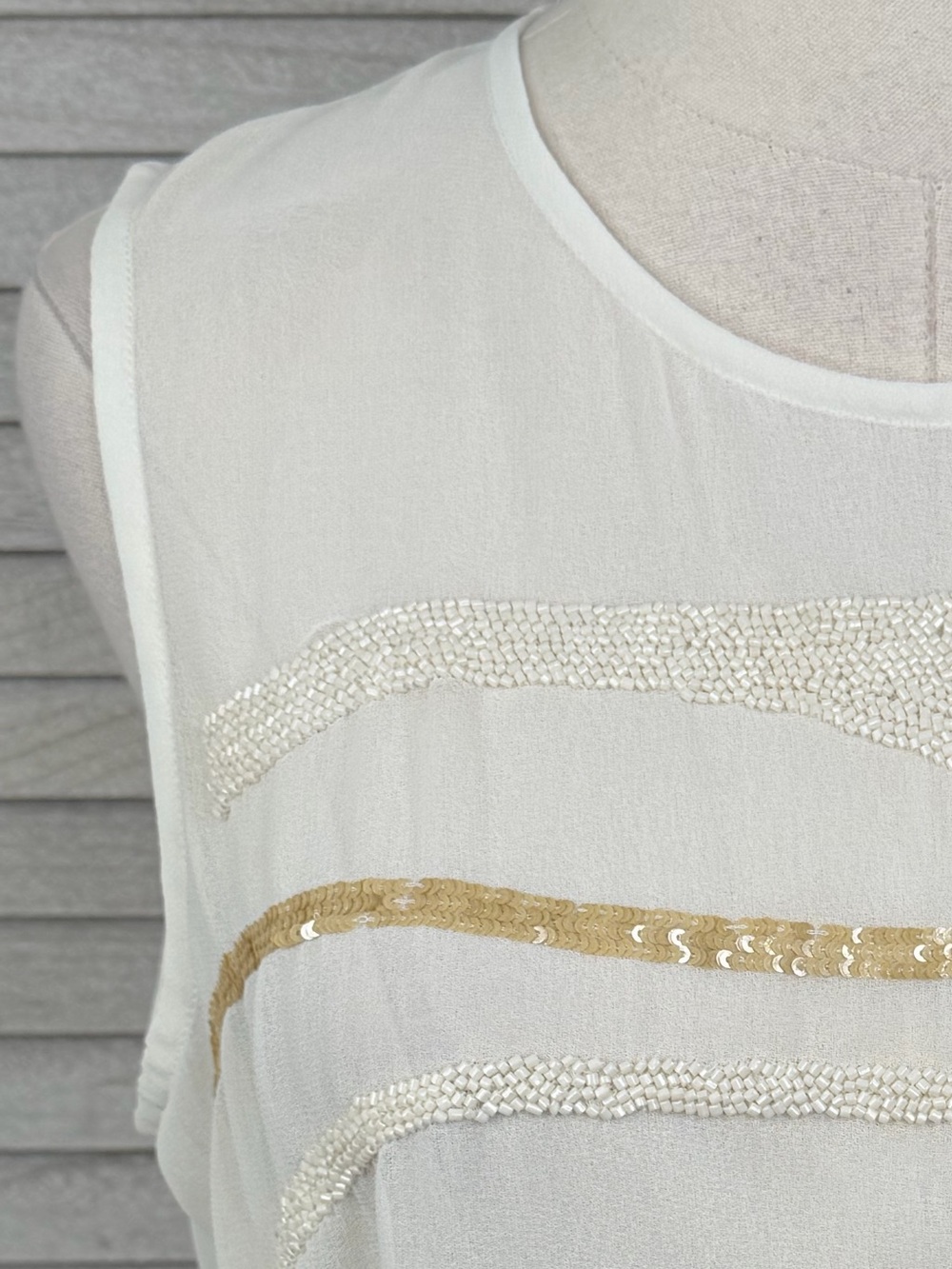 DKNYC Sleeveless Sheer Ivory Tank Top with Beading & Sequins -Small - Picture 4 of 4